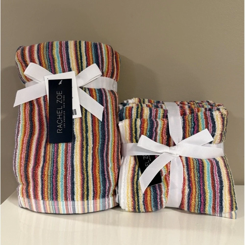 Set of 7 Rachel Zoe Striped Rainbow Multicolored 2 Hand Towels & 5 Washcloths